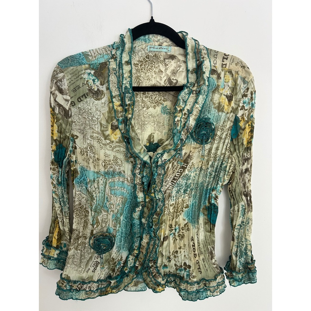 Violin Women Teal Yellow Floral Newspaper Print Ruffle Pleated Blouse Size M